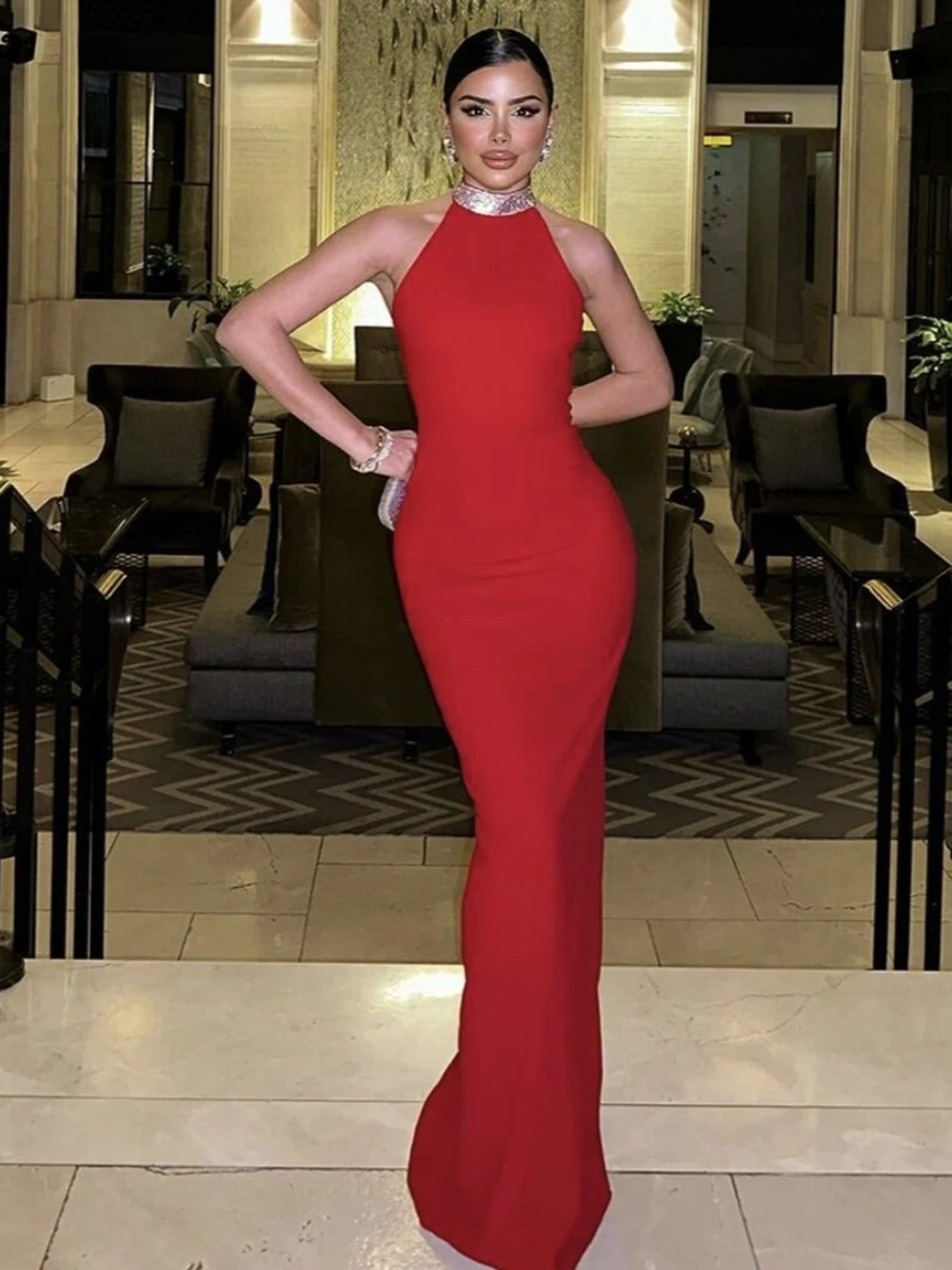 Ailigou 2024 New Summer Women'S Red Sexy Sleeveless Diamond Tight Drag Long Bandage Dress Elegant Celebrity Party Dress