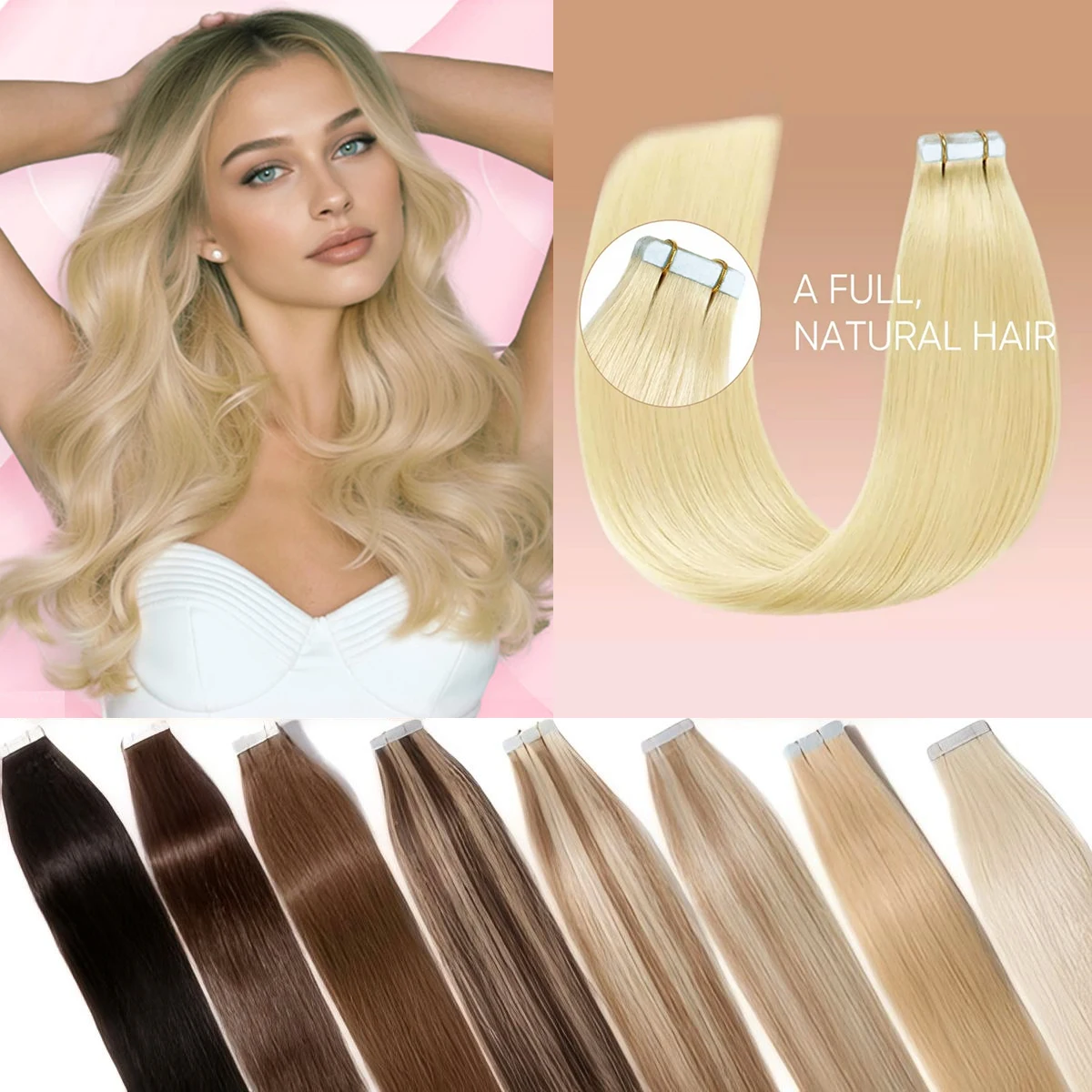 Blond Human Hair Tape in Hair Extensions Silky Straight Remy Hair Extensions for Women to Add Hair Volume&Length&Highlight