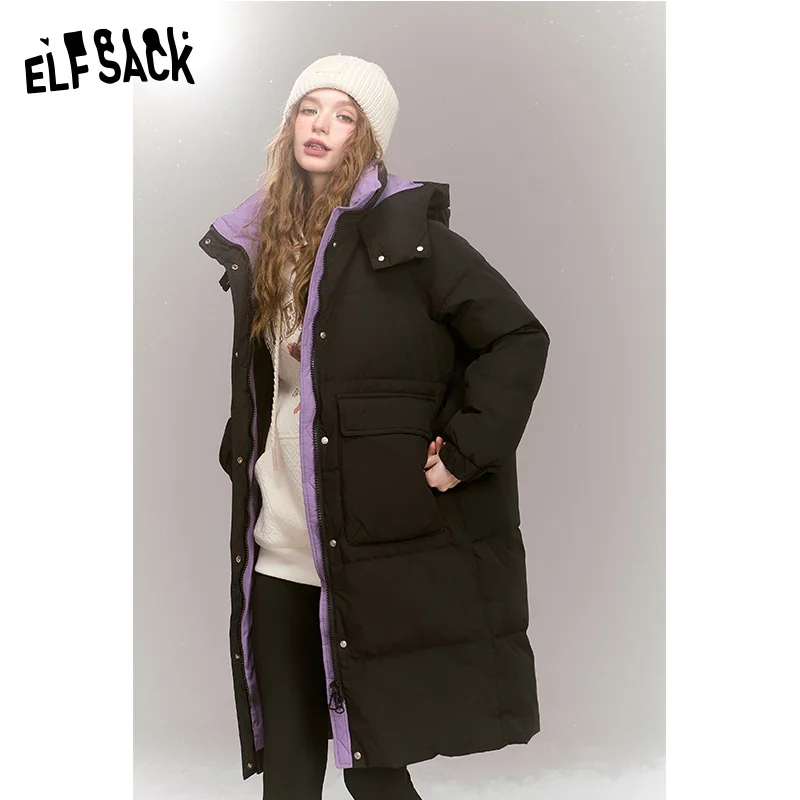 ELFSACK 2024 Winter New Arrivals Fashionable loose contrast color mid-length hooded warm down jacket for women