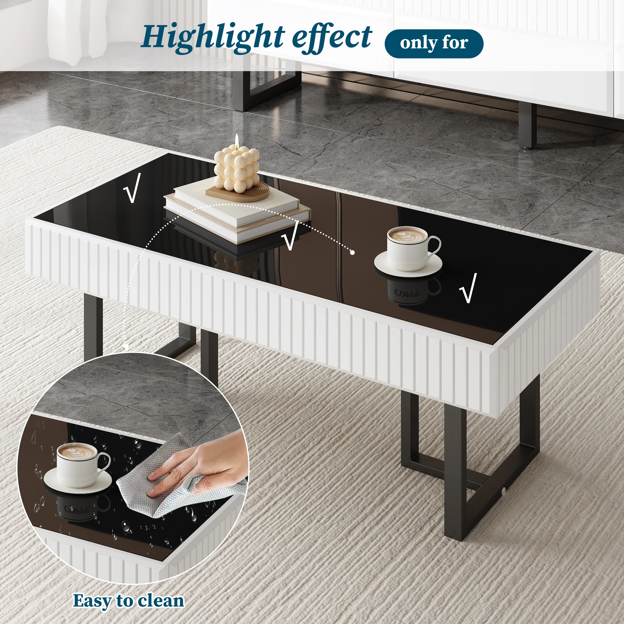 Mesa de Centro Blanca y Negra, Mesa Auxiliar Multifuncional para Sala de Estar, Mesa de Sofá con Superficie Decorativa