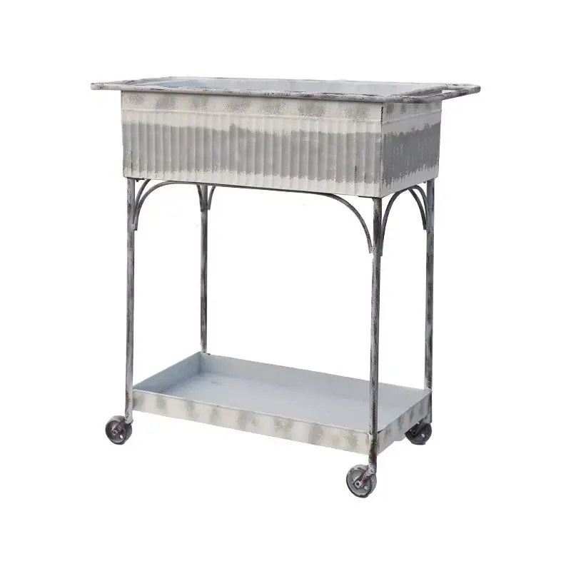 Vintage Metal Raised Planter Box with Wheels, Mobile Garden Bed, Rustic Outdoor Balcony Herb Flower Stand
