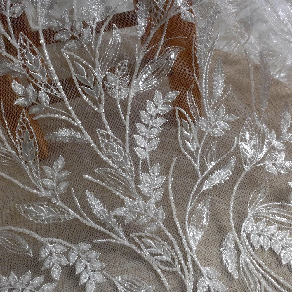 HelluyerDc tela de encaje con cuentas blancas, patrones de orejas de trigo para vestido de fiesta de boda, tela a medida