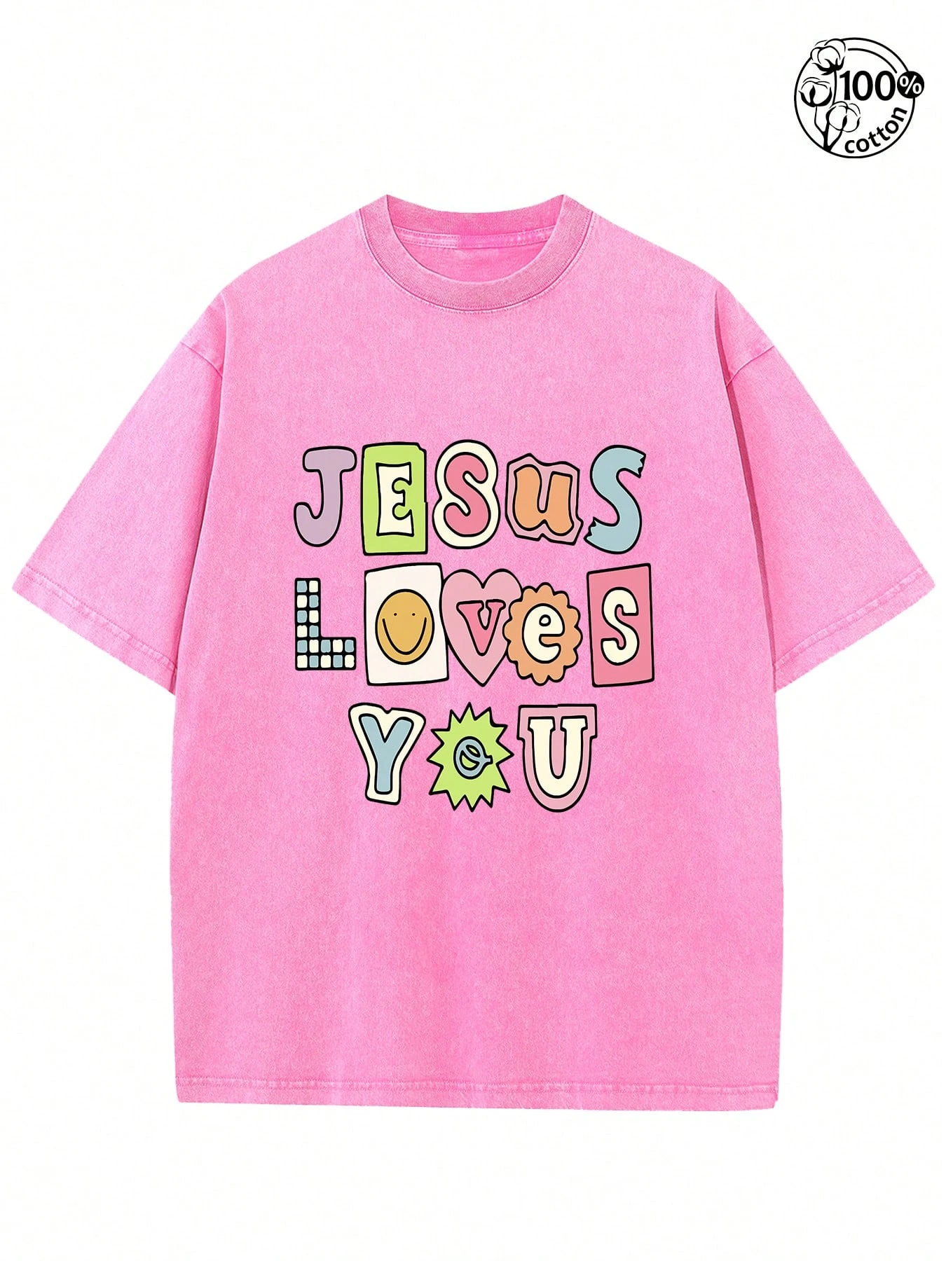 Jesus Loves You Retro Streetwear Graphic Tee With Geometric Print-Heavyweight Cotton Unisex T-Shirt,Summer Outdoor Casual Wear,Streetwear