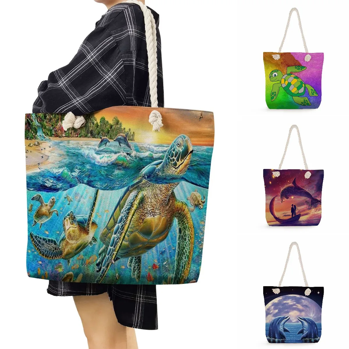 Turtle Whale Print Handbags Casual Large Capacity Shoulder Travel Beach Bag Ocean Series Foldable Women Groceries Shopping Bags