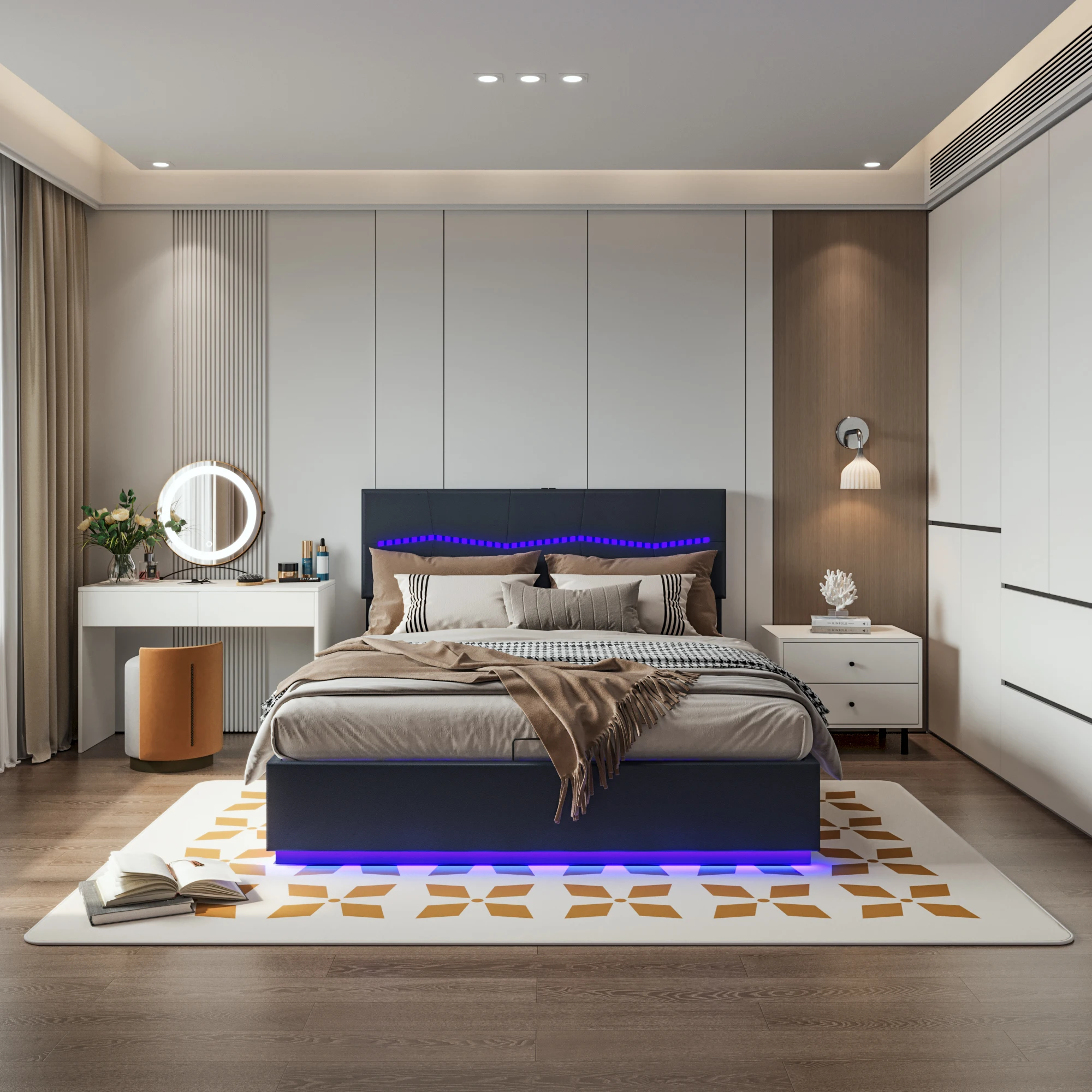 Doppelbett gepolstertes Hebebett mit LED-und USB-Anschlüssen Leder material - 140x200 cm-schwarz-ohne Matratze