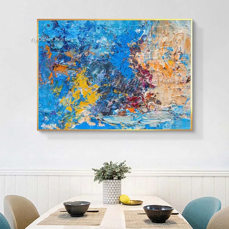 Large Original Abstract Blue Textured Thick Oil Painting Hand Painted Color Mix Canvas Wall Art Decor For Home Unframed As Gift