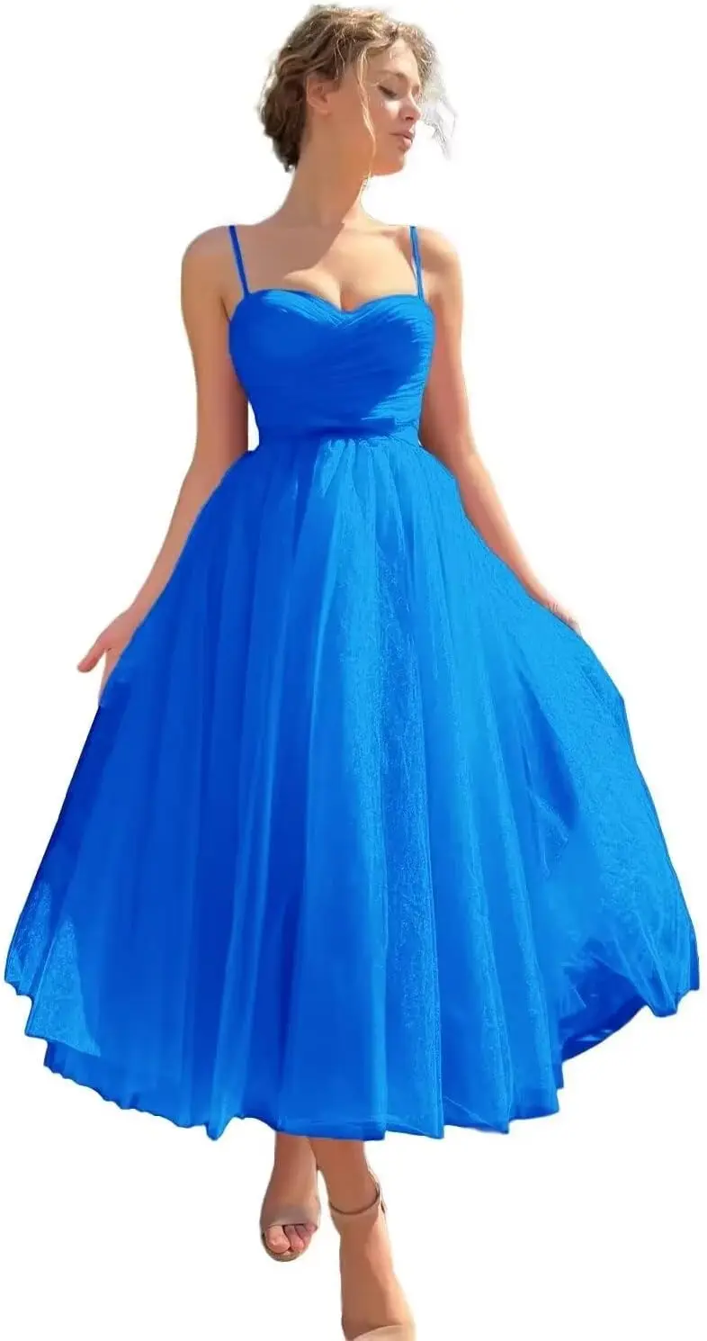 

Spaghetti Straps Tulle Tea Length Prom Dresse A-Line Corset Pleated Sweetheart Teens Ball Gown Sleeve Formal Evening Party Gown