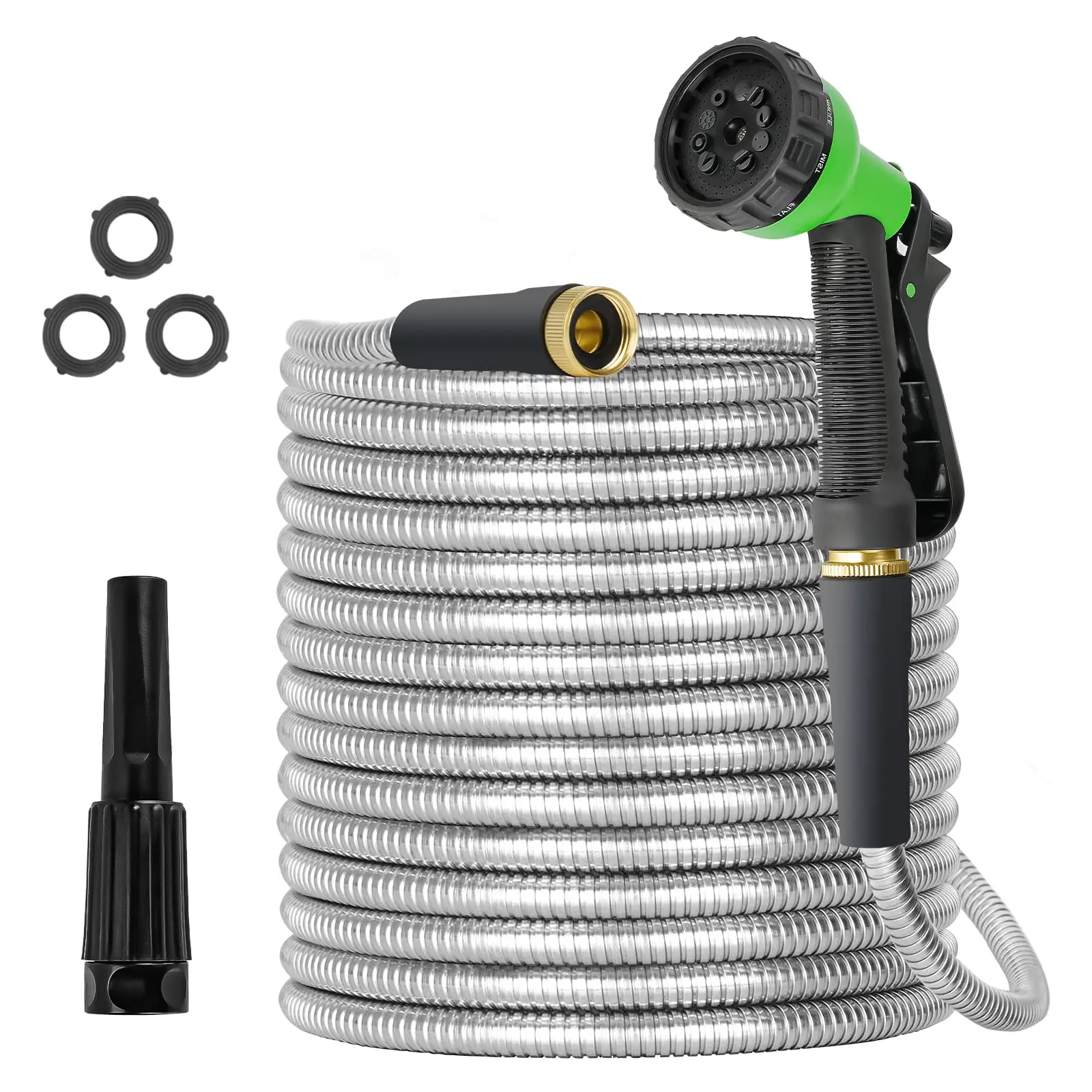 100ft Stainless Steel Water Hose Super Tough Flexible Water Pipe with 3/4 inch Brass Fittings