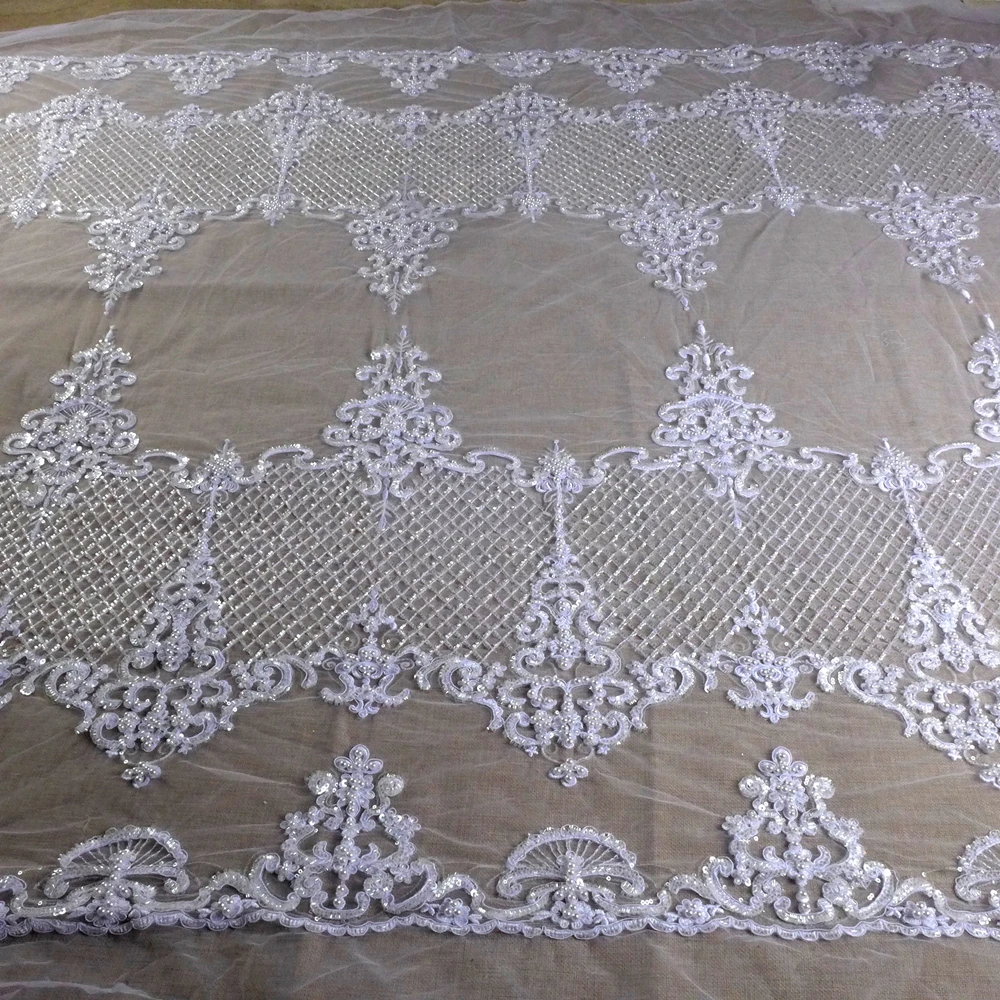 HelluyerDC Pure white&ivory beading lace fabric,125cm width lace for fashion,wedding,evening,dance gown by the yard