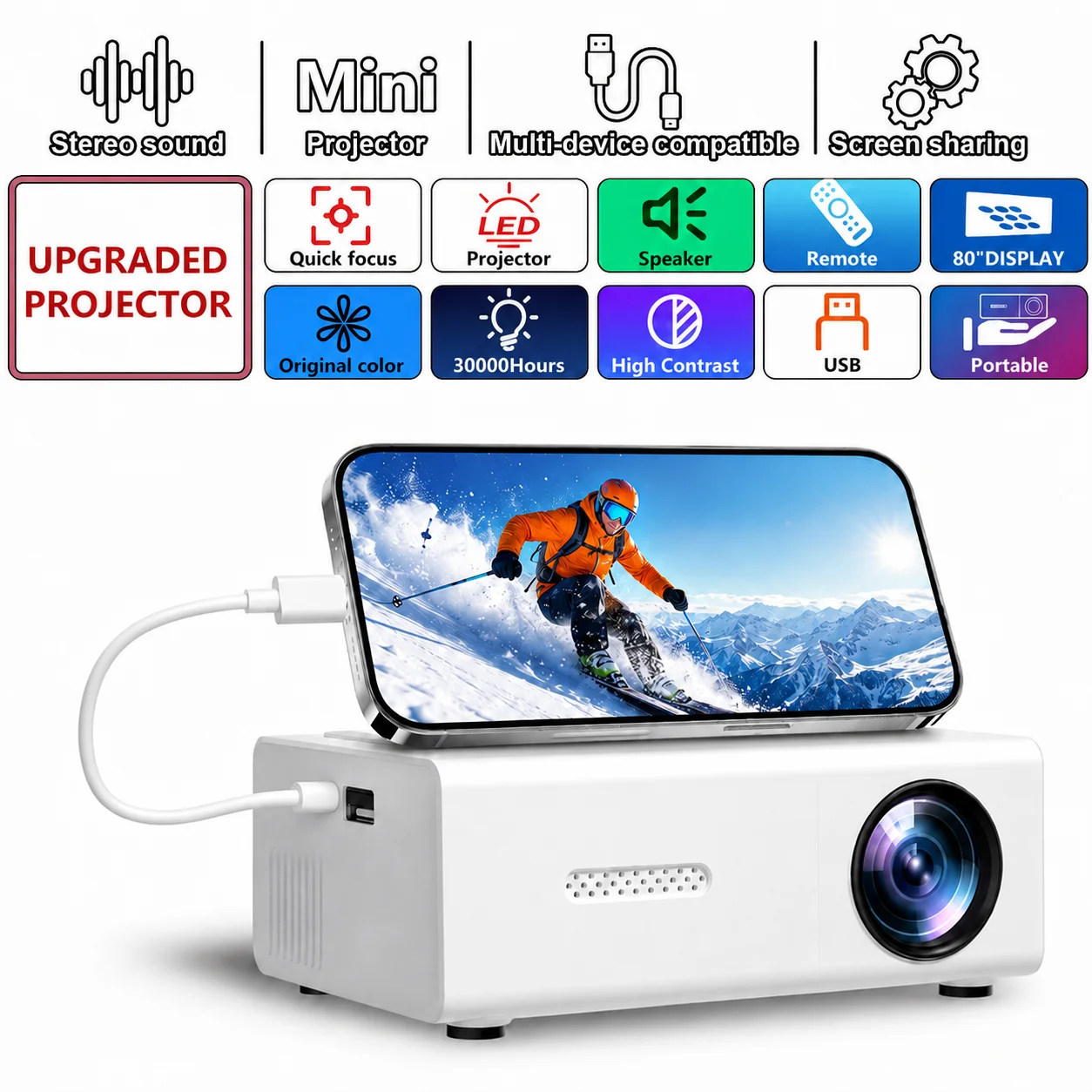 ZNLYRION 4K-Dekodierungs-Smart-Projektor 180 °   Drehbarer WiFi 6 Android 11 Tragbarer Heimkino-Projektor