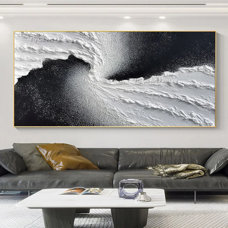 Black And White Abstract Ocean Wave Oil Painting Hand Painted Thick Canvas Painting For Home Wall Decor Moder Abstract Artwork