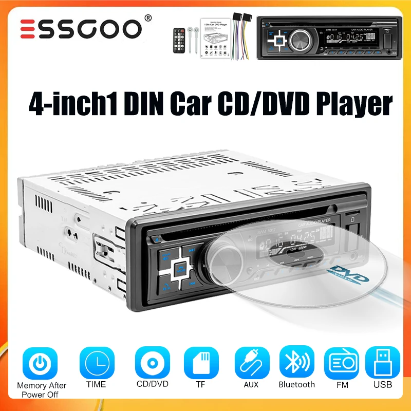 ESSGOO 4-Zoll Single-DIN DVD-CD-MP3-Player Autoradio Stereo FM USB-Sticks AUX Bluetooth Head Unit Kartenleser Freisprecheinrichtung