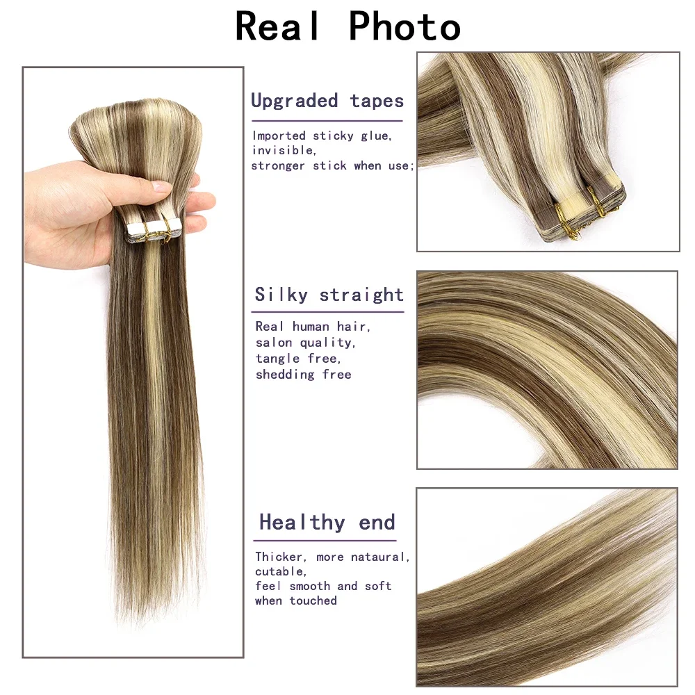 Tape In Hair Extensions Real Hair Tape In Human Hair Extensions for Women Add Hair Seamless Weft 27# Highlight 20Pcs/pac 24 Inch