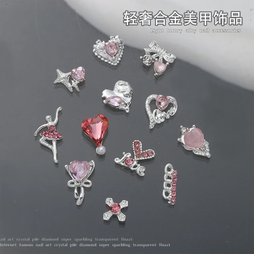 

10Pcs Luxury Heart Nail Charms 3D Alloy Sparkling Pink Diamond Bow Star Ballet Girl Nail Art Decorations Rhinestones Gem DIY