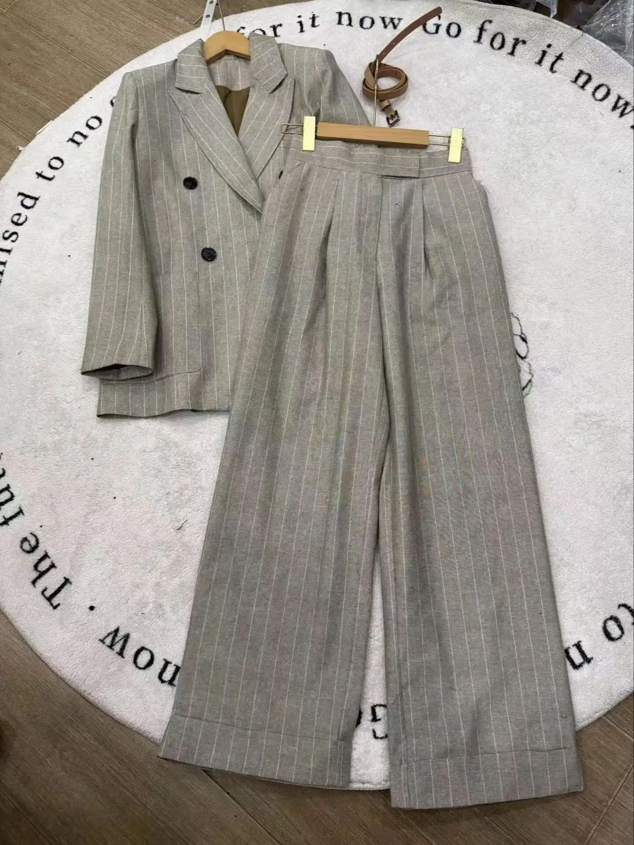 

Spring classic striped 100% linen double breasted jacket and straight wide leg pants set