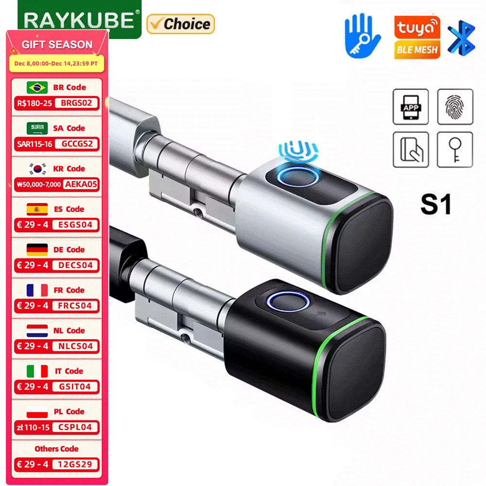 RAYKUBE S1 Tuya BLE TT Lock Smart Electronic Door Lock with DIY Cylinder Core Fingerprint APP Keys IC Card Unlock for Home Hotel
