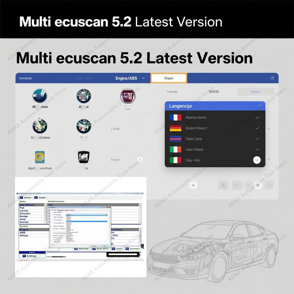 

Latest Version Multiecuscan V5.2 Car Tool - Fi-at/Chr-ysler/Do-dge/Je-ep/Su-zuki Diagnostic Scanner Software with ELM327 Adapter