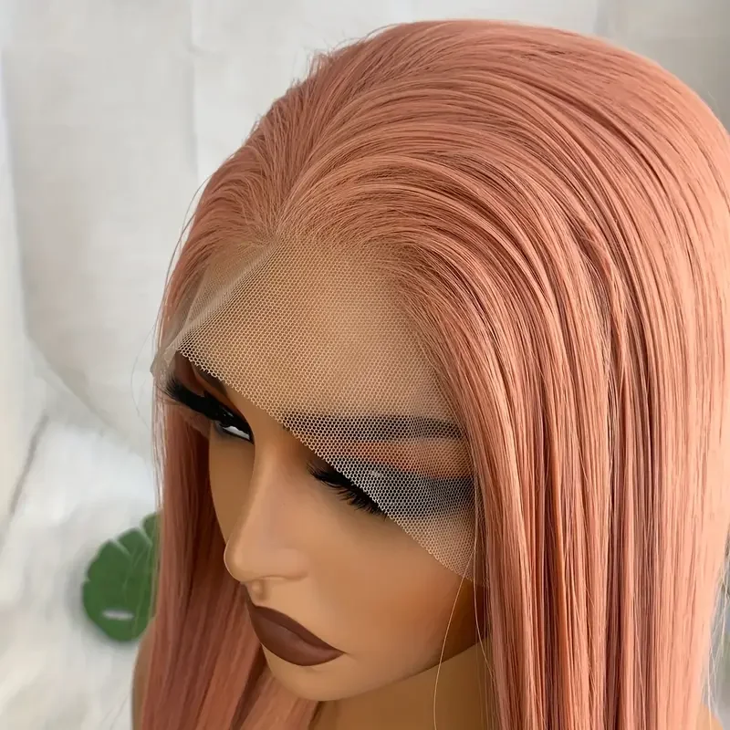 Pelo largo y liso de encaje sintético rosa de 26 pulgadas para mujer: resistente al calor, densidad del 180%, diseño sin pegamento, estilo versátil para todos
