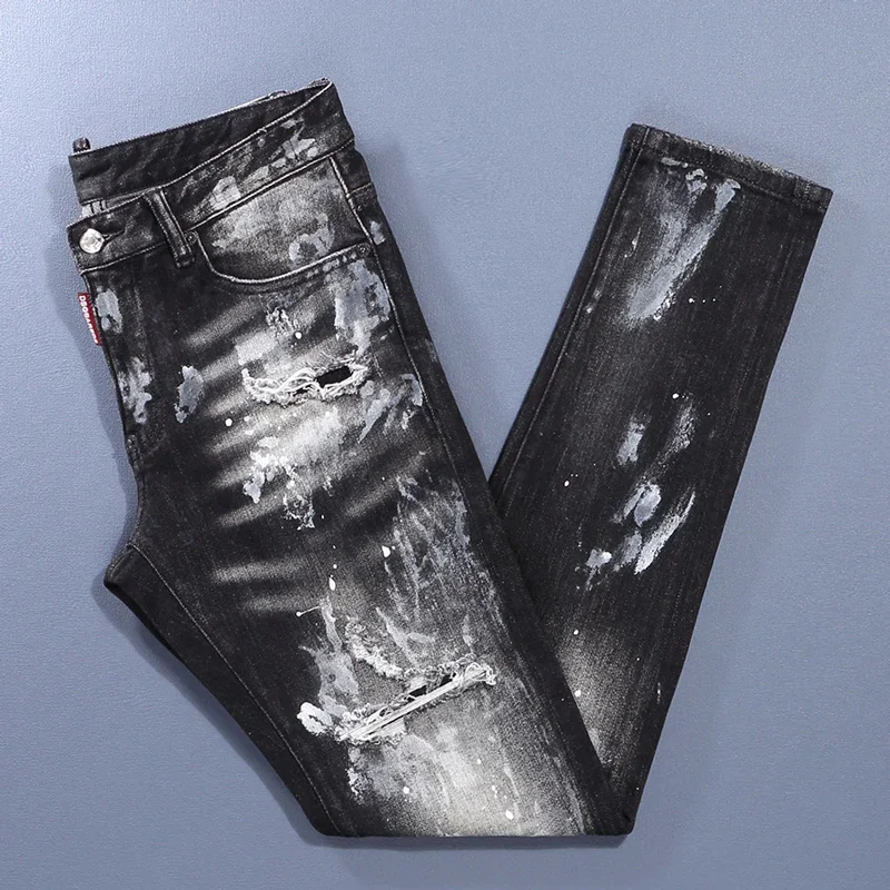 High Street Fashion Männer Jeans Retro schwarz grau elastisch Stretch schlanke zerrissene Jeans