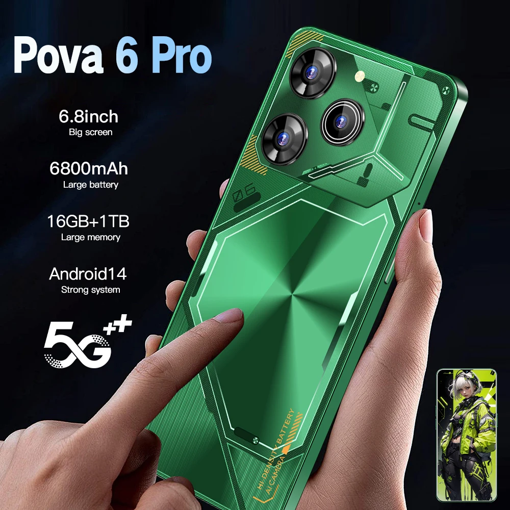 

2025 NEW Cell Phone Pova6 pro 6.8 HD Screen SmartPhone 16G+1T 5G Dual Sim Celulares Android Unlocked 108MP 6800mAh Mobile Phone