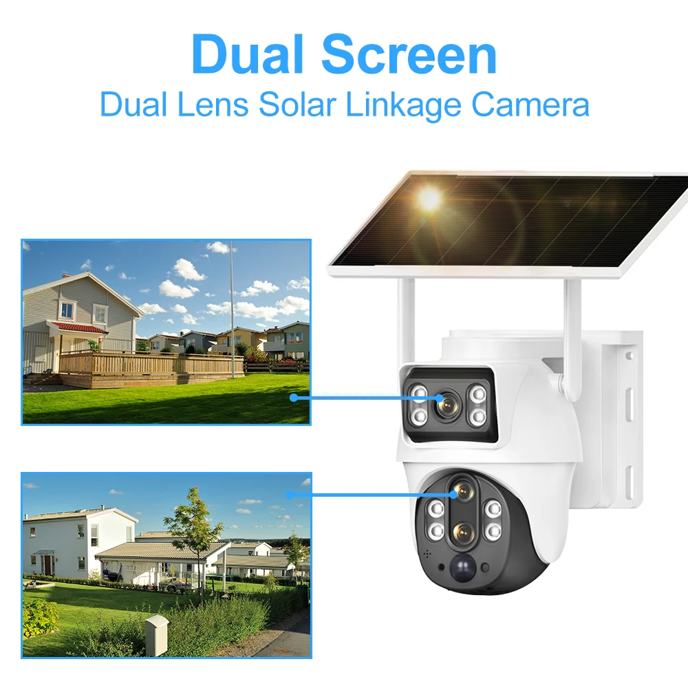 8MP Solar IP Camera WiFi Outdoor Dual Lens PTZ Security Camera HD Built in Battery Solar Panel Wireless Camera PIR Alarm
