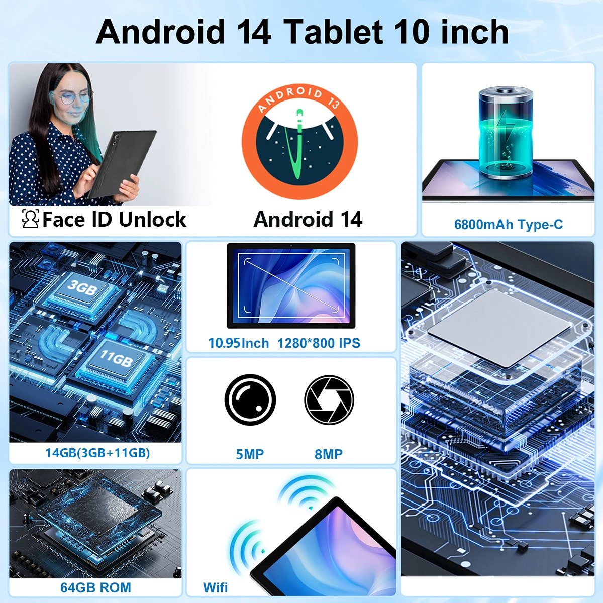 Android 14 10.95 Inch Tablet 14 GB RAM 64GB ROM Octa-Core IPS Display Tablet with Keyboard Case and Stylus Support Tablet PC