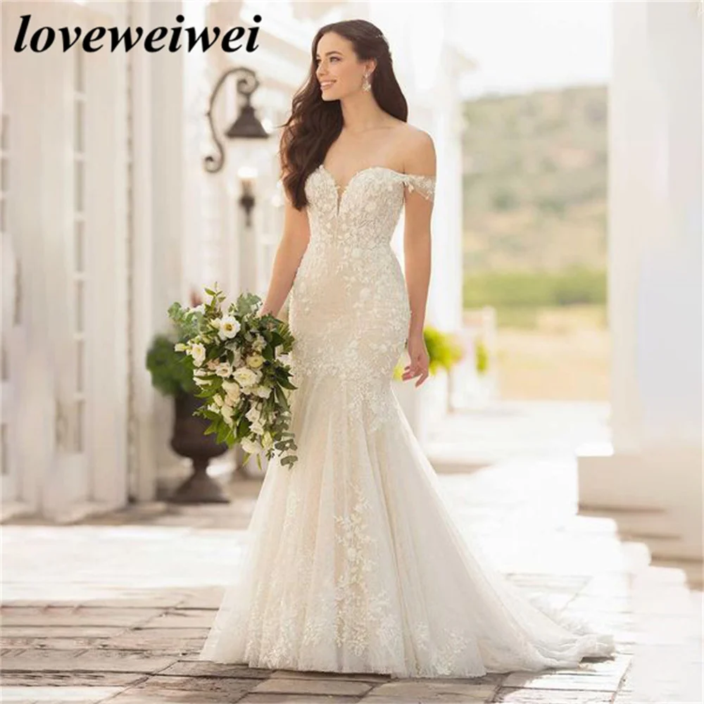 

Ivory Mermaid Wedding Dress Lace Trumpet Wedding Gown Off The Shoulder Bridal Dress Charming Appliques Custom vestido de noiva