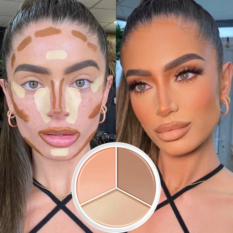 Palette de 3 documents de maquillage éclaircissant pour le visage, couverture durable, crème d'ombrage, surligneur, hydratant, cernes, acné, pores