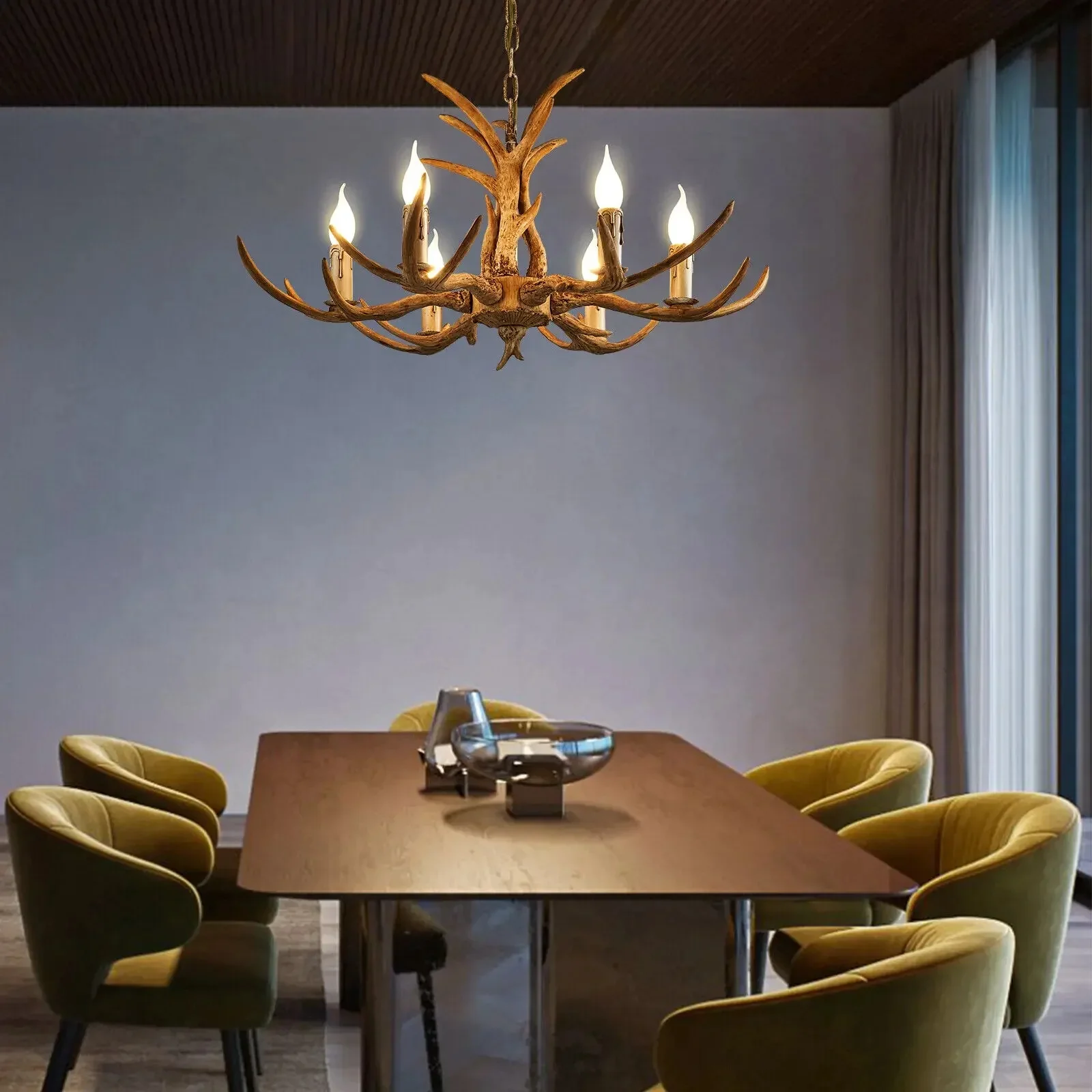Retro bruin gewei kroonluchter 6 koppen hertenhoorn plafondlamp hanglamp 220V - afbeelding 2