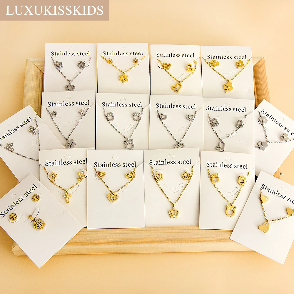 LUXUKISSKIDS Chic Elegant Heart Indian Fine Jewelry Sets Women Wedding Crown Steel Necklace And Earrings bijoux Bulk Wholesale