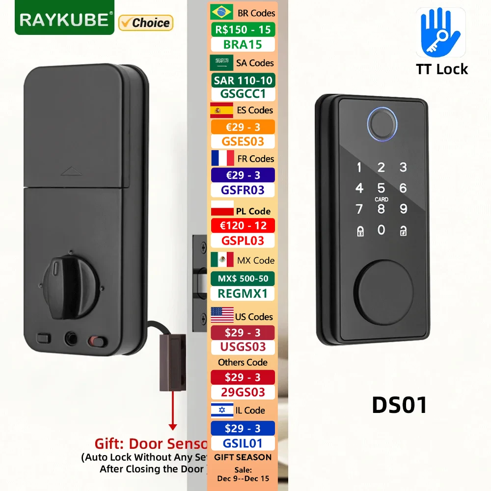 RAYKUBE DS01 BLE TT Lock Smart Fingerprint Deadbolt Lock with Latch/Door Sensor Auto Lock Key/Password/Card/ TT Lock APP Unlock
