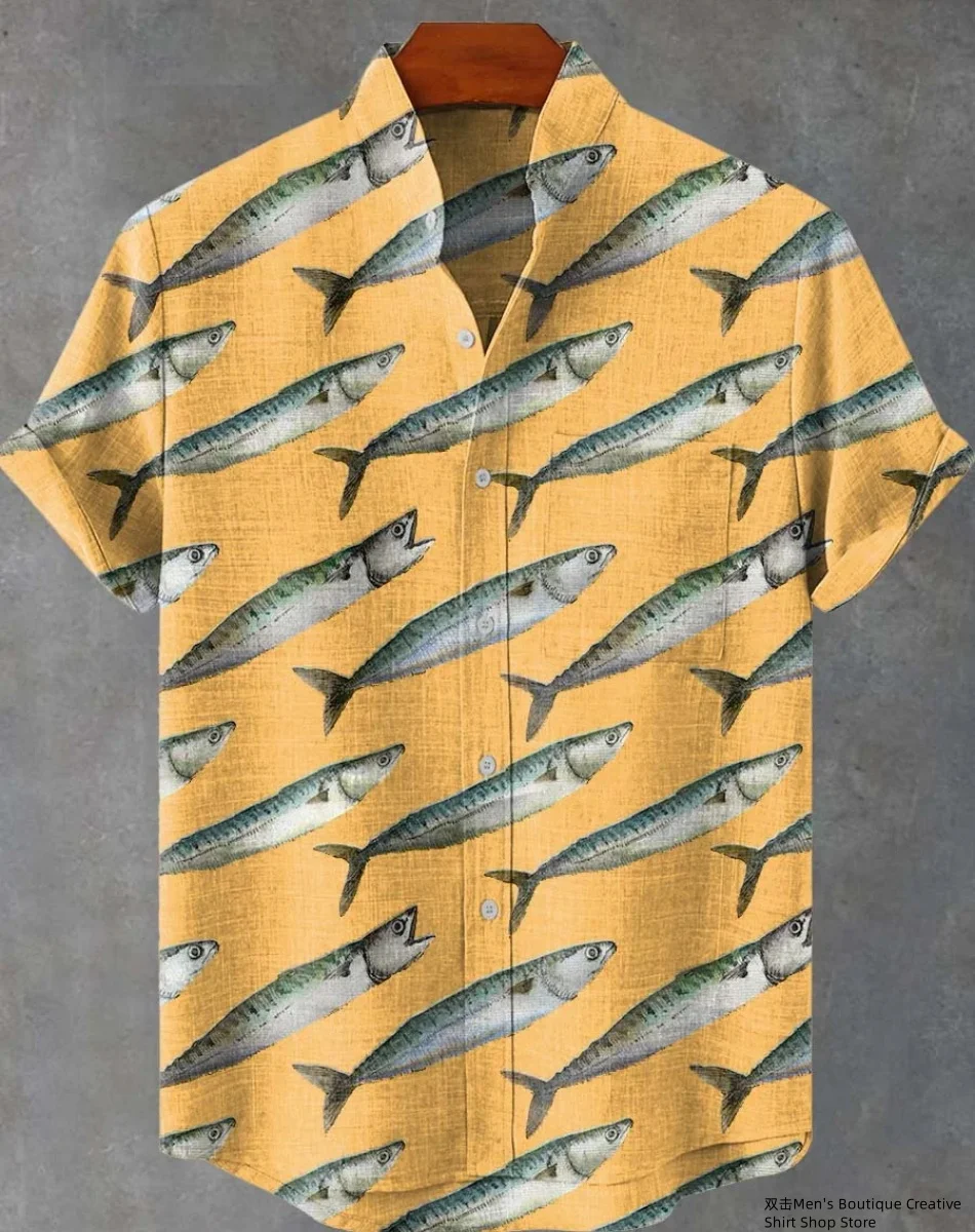 새로운 리넨 남성 3D 물고기 패턴 하와이 셔츠 캐주얼 반소매 탑 느슨한 의류 패션 빈티지 여름 셔츠 빠른 배송
