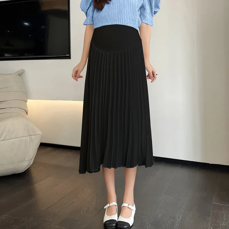 Chiffon Pleated Maternity Clothes Pregnancy Skirt Summer Casual Maternity Knee-Length Skirts High Waist Belly Extender Dresses