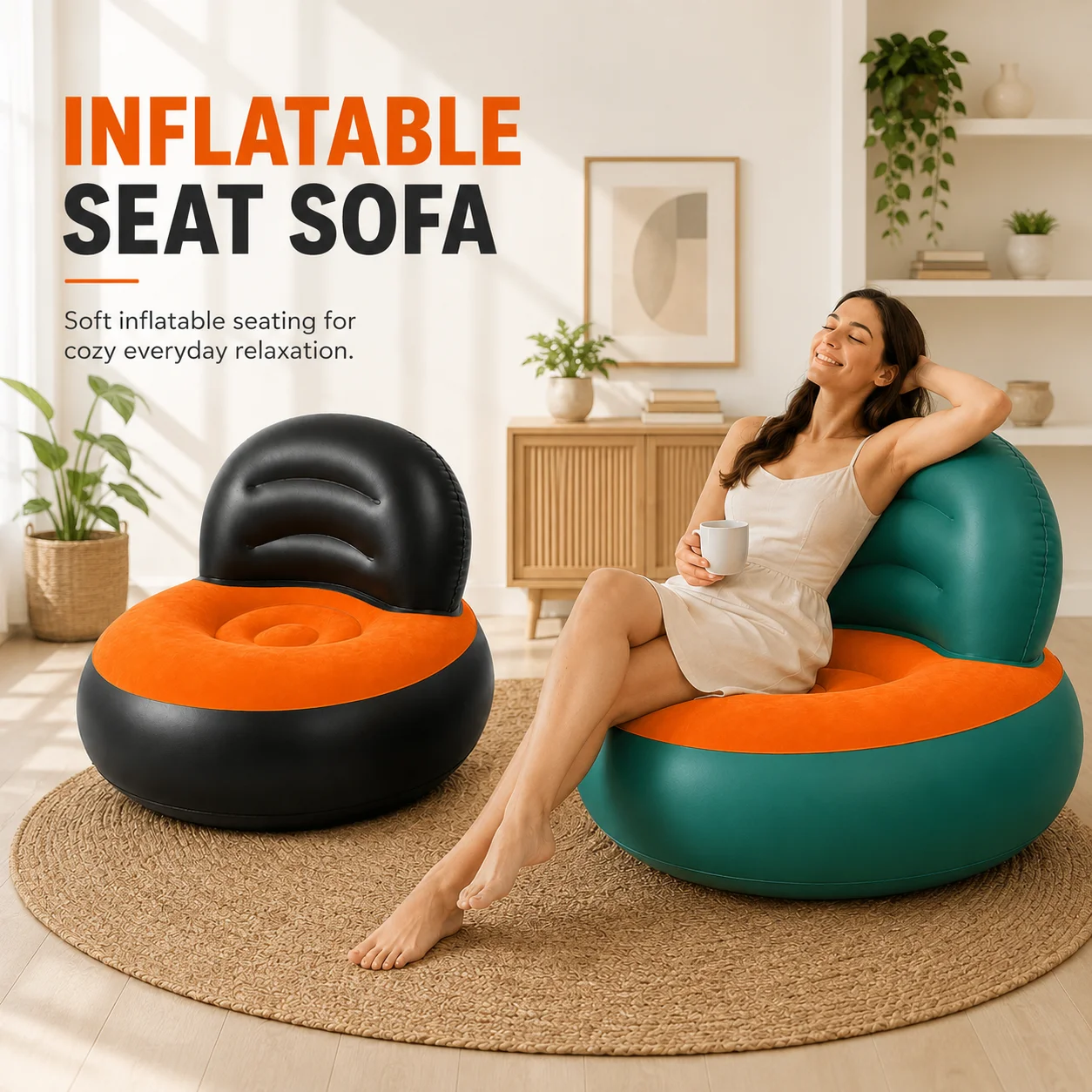 1pc Inflatable Lounge Chair with Backrest, Portable Flocked Air Sofa for Adult Living Room Bedroom Camping Indoor Outdoor
