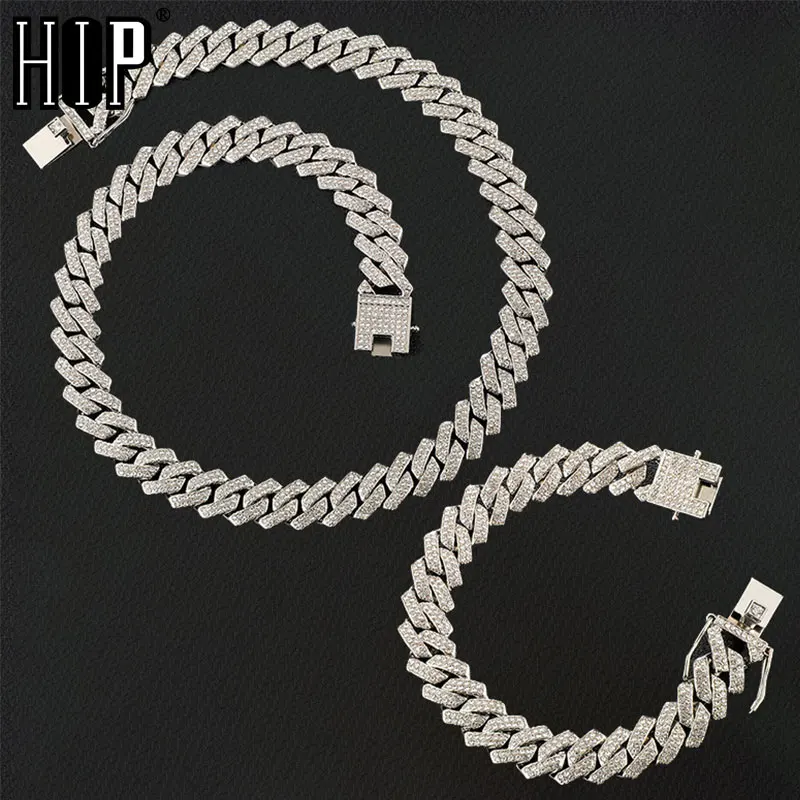 

Hip Hop 13MM Cuban Link Chain 2 Row Iced Out Men's Necklace Rhinestone Zircon Paved Necklaces For Men Women Jewelry