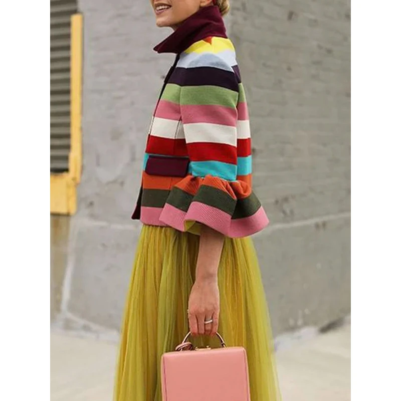 Krisnanas 2024 Fashion Flared Sleeves Multi-Colored Striped Lapel Jackets Outerwear for Going Out Casual Stylish Selection