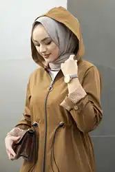 Women Clothing Line Detailed Hooded Hijab Trench Abaya Conjuntos Musulmanes New Overcoat Winter 2022 Fashion Collar Windbreaker