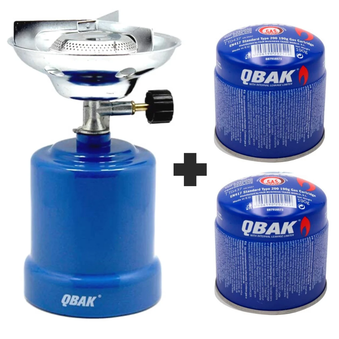 QBak Camping Gas Cooker Portable Cooker + 2 Cartridge 190g for Camping, Field, Beach, Mountain, Burner with Butane Gas Regulator