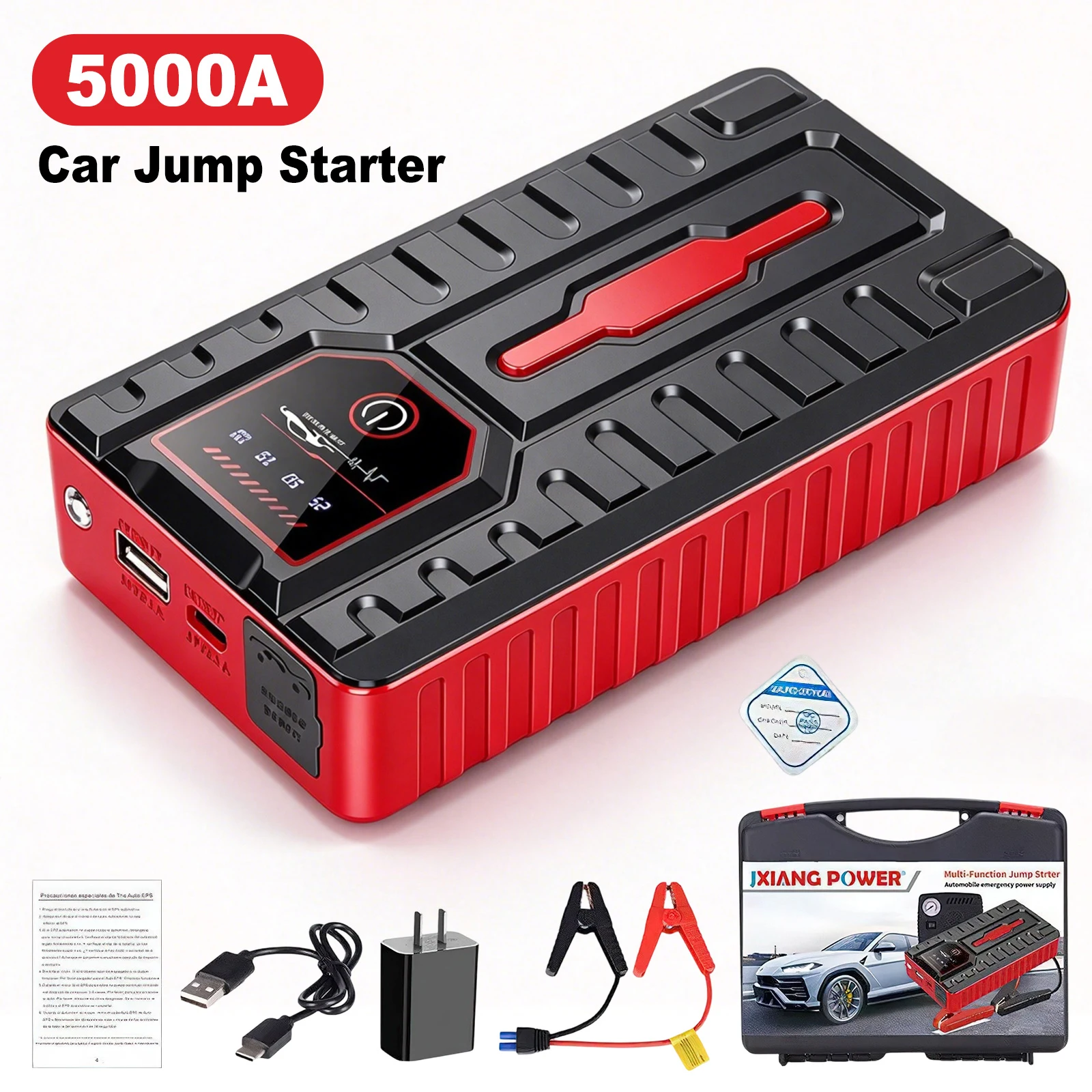 Arrancador de Coches 5000A, Banco de Energía Portátil, Potenciador de Batería de Coche, Dispositivo Auxiliar de Arranque 12V para Diésel y Gasolina