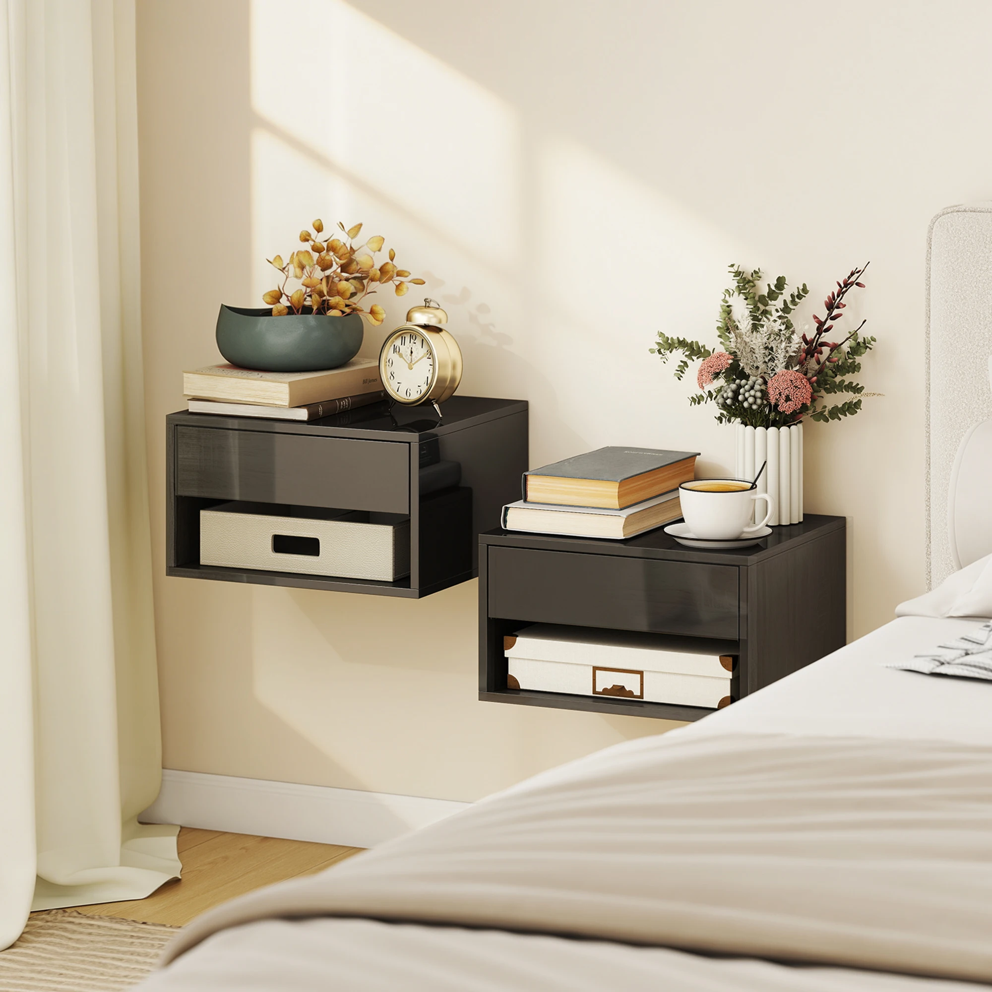 Storage 2er-Pack Wandmontierter Nachttisch-Aufbewahrungsschrank, schwarzer Nachttisch mit Schublade und offenem Fach, Sofaschrank-Sideboard, Mehrzweck-Aufbewahrungsmöbel für Schlafzimmer, Wohnzimmer,