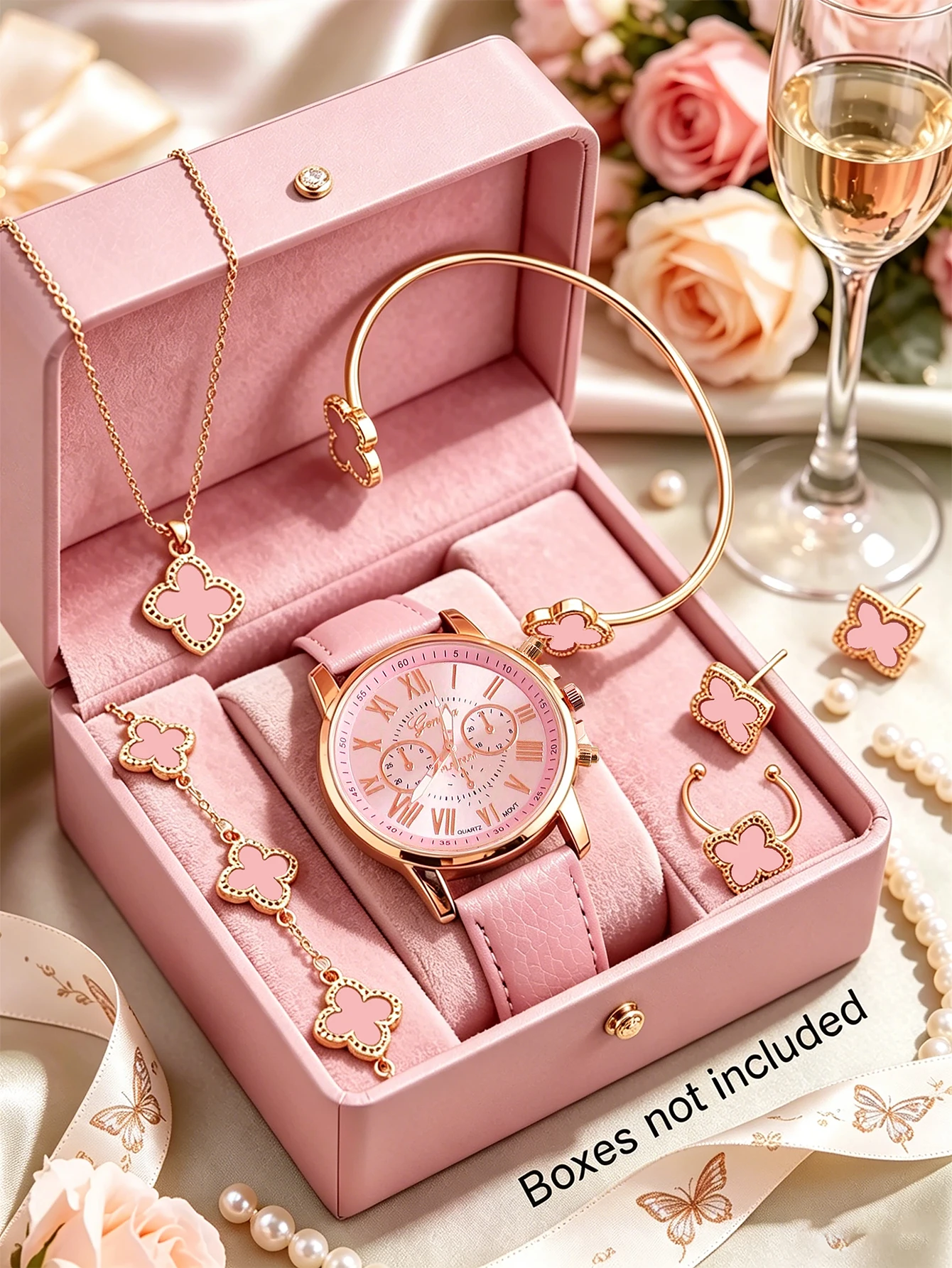 7-Piece Set, Women's Casual Simple Leather Strap Quartz Watch with Jewelry Set, Suitable for Any Occasion, Fashionable Women's Wristwatch.