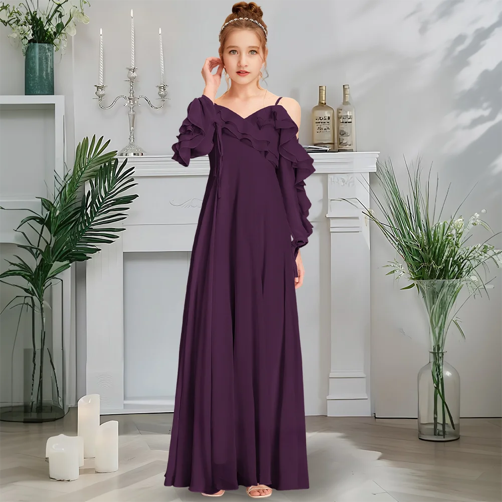 

Luxurious Cold Shoulder Junior Bridesmaid Dress Twilight Blush Flower Girl Gown Floor-Length Chiffon Cascading Ruffles Wedding