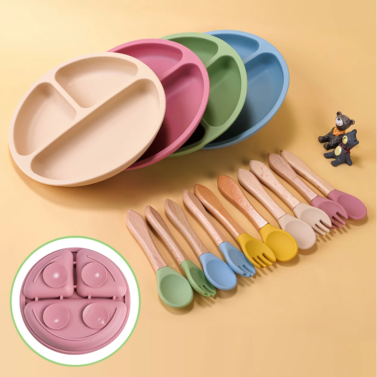 3PCS Silicone Baby Feeding Set BPA Free Suction Bowl Divided Plate Spoon Fork Silicone Bibs Children Tablewar