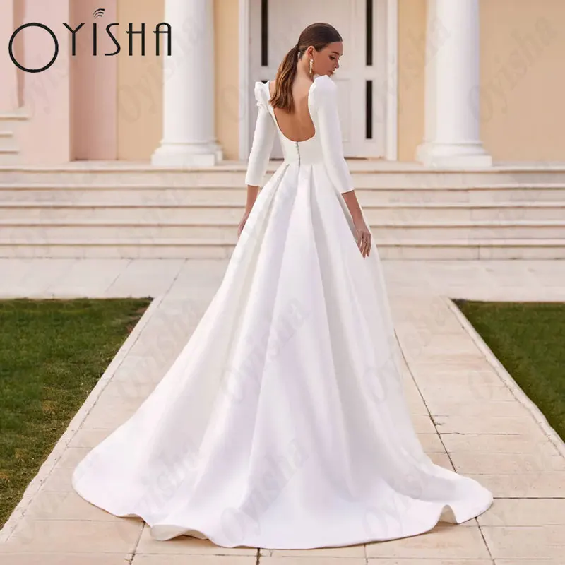 OYISHA Square Collar A-Line Wedding Dresses Elegant Long Sleeves Satin Classic Bridal Gowns For Woman Simple Vestido De Mariages