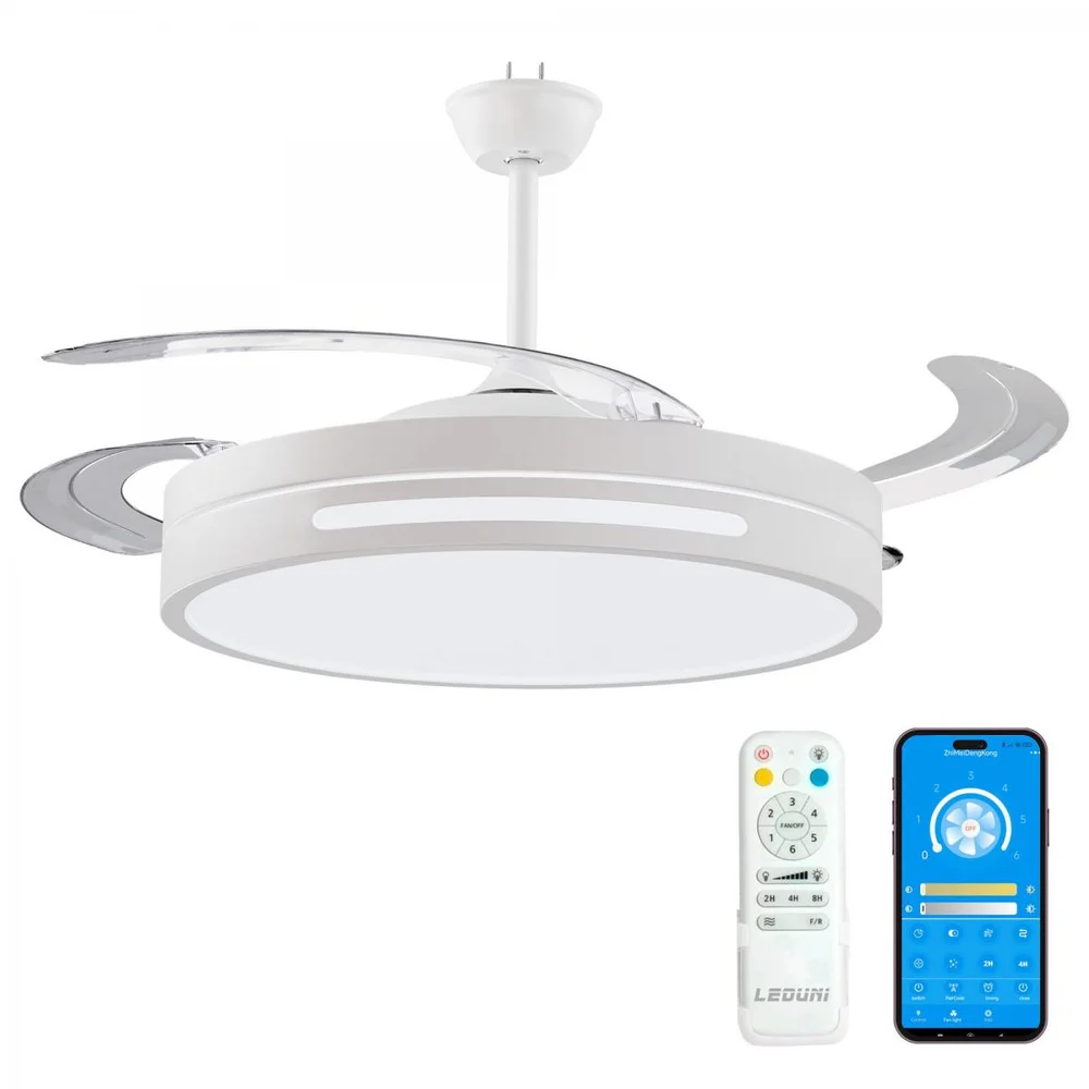 Ventilador de Techo con Luz y Control Remoto — 3 Aspas, Motor DC de + Luz LED, Temporizador, 6 Velocidades, Aspas Retráctiles, 3 Temperaturas de Luz, Función Verano/Invierno — Silencioso ((Blanco