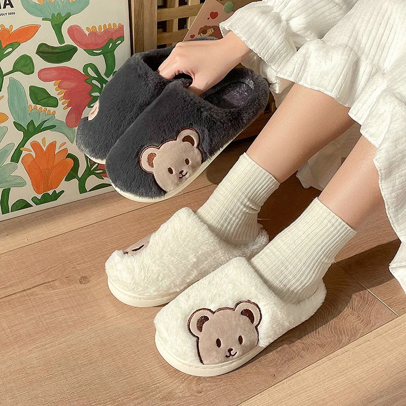 Bear Plush Slippers For Women Men Fashion Kawaii Fluffy Winter Warm Slippers Lovers Cartoon Teddy Bear House Shoes TG03