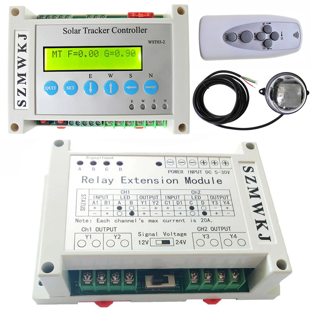 Dual Axis Electronic LCD Solar Tracker Controller + 40A 2-Channel 4-Way Relay Extenstion Module for Large Current Solar System