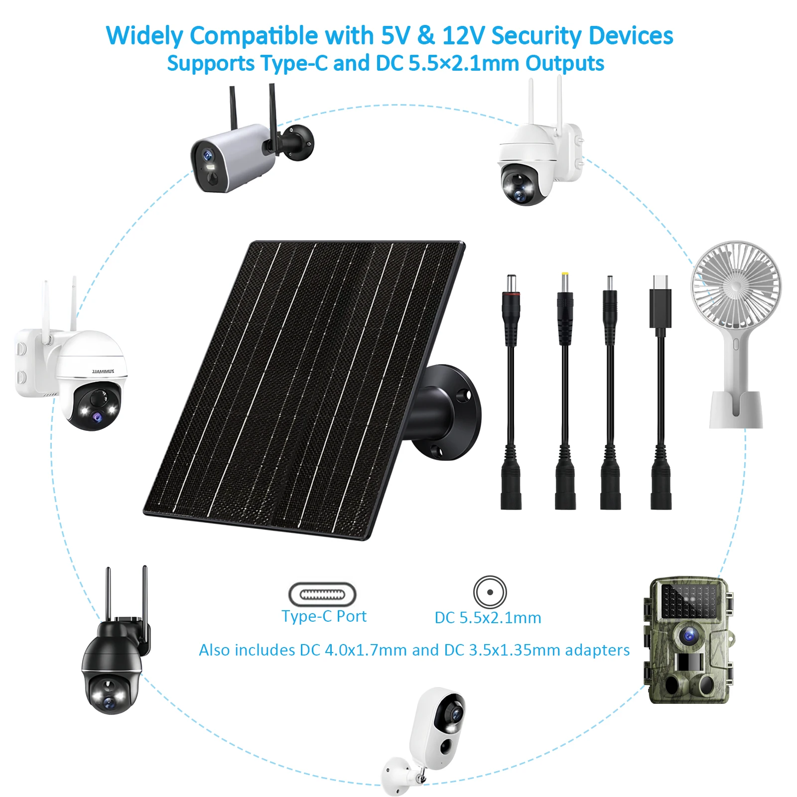 10W Solar Panel for Security Camera 5V 12V Universal Solar Charger with Type-C DC 5.5/4.0/3.5mm Connectors IP66 Outdoor view 5
