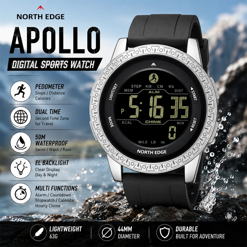 NORTH EDGE APOLLO Digital Sports Watch 50M Waterproof Pedometer Dual Time LED Backlight Military Outdoor Wristwatch for Men New