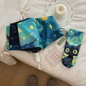 Lucu Kucing Hitam 8 Buah Payung Van Gogh Terinspirasi Lipat Otomatis Payung untuk Wanita Perjalanan Kompak UV Kerai 10 kucing payung penjualan terbaik - №